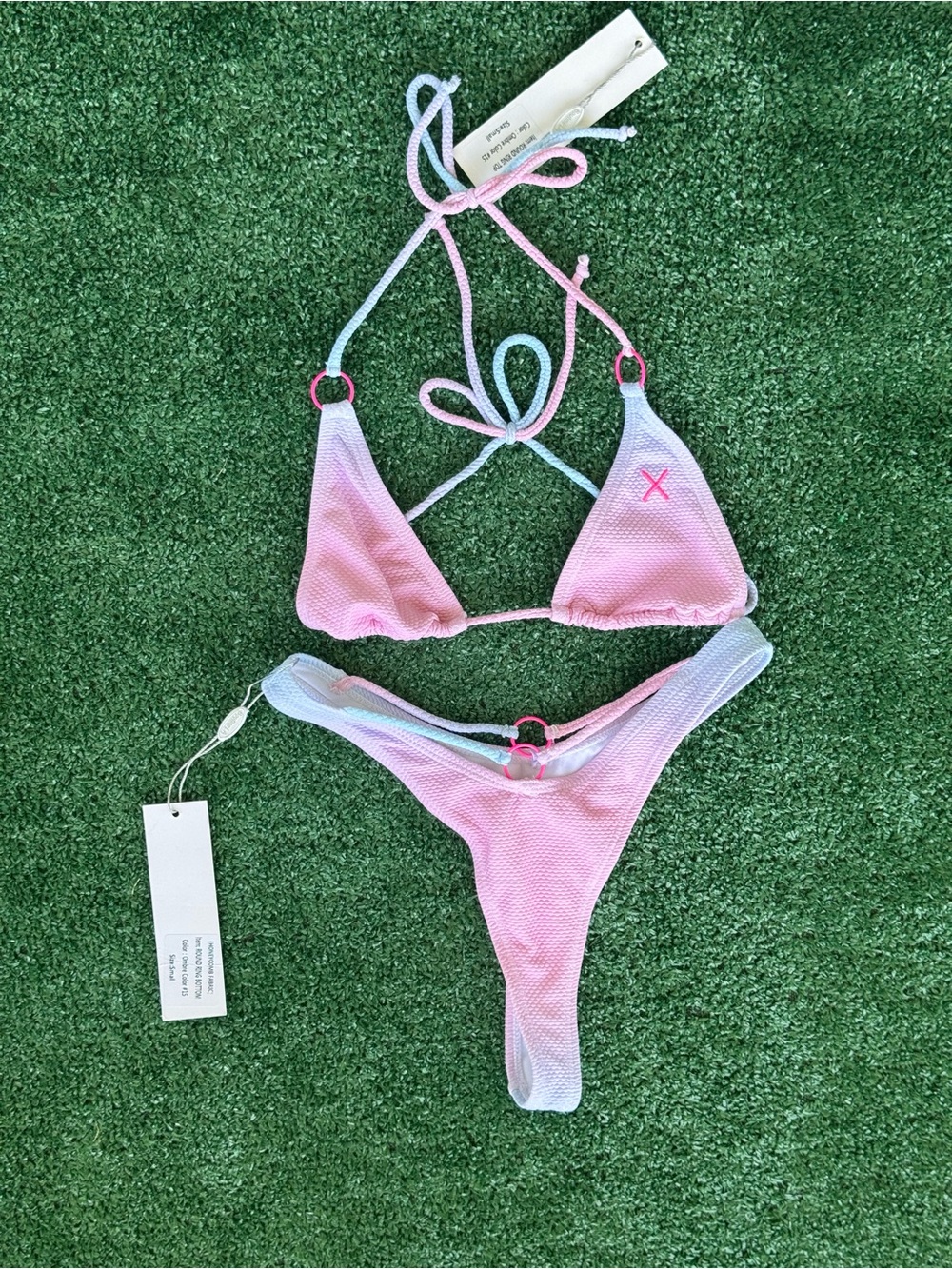 NWT Boutine LA Honeycomb Round Ring Bikini Ombre Pink Blue Thong Size SM